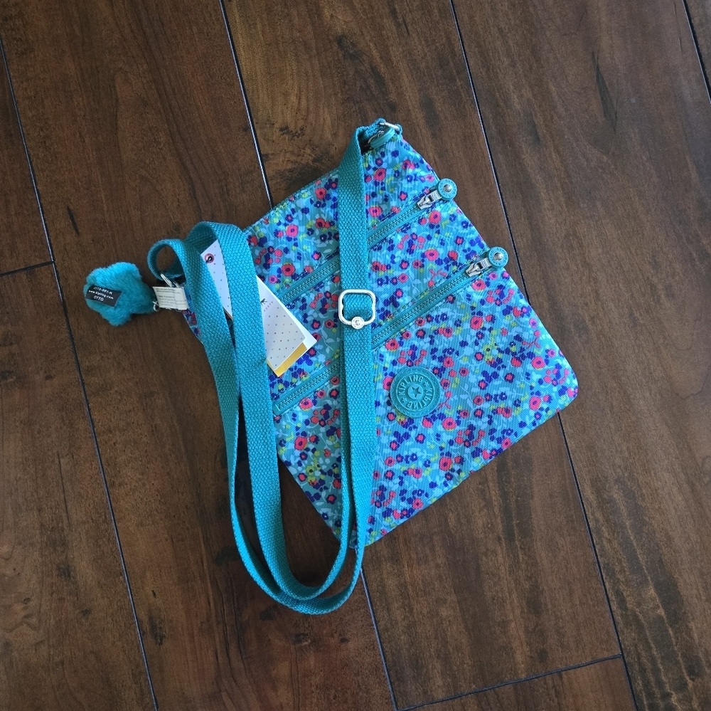 Kipling Keiko Crossbody Lightweight Shoulder Bag Teal Floral Print Monkey Charm - Picture 6 of 8